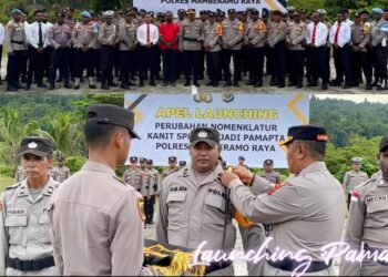 Kapolres mamberamo raya pimpin apel louncing perubahan nomenklatur kanit spkt menjadi pamapta di lapangan apel polres mamberamo raya