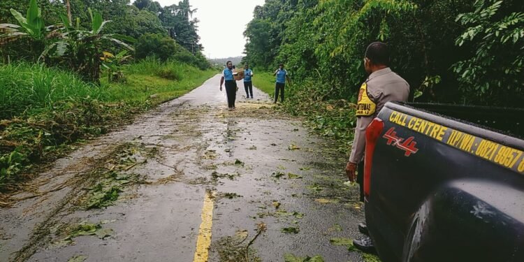 Polsek Bonggo dan Warga Gotong Royong Bersihkan Pohon Tumbang di Jalan Trans Jayapura–Sarmi
