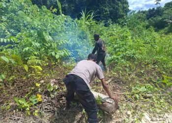 Kapolsek Tor Atas Bersama Personel dan Masyarakat Bersihkan Jalan Akibat Pohon Tumbang